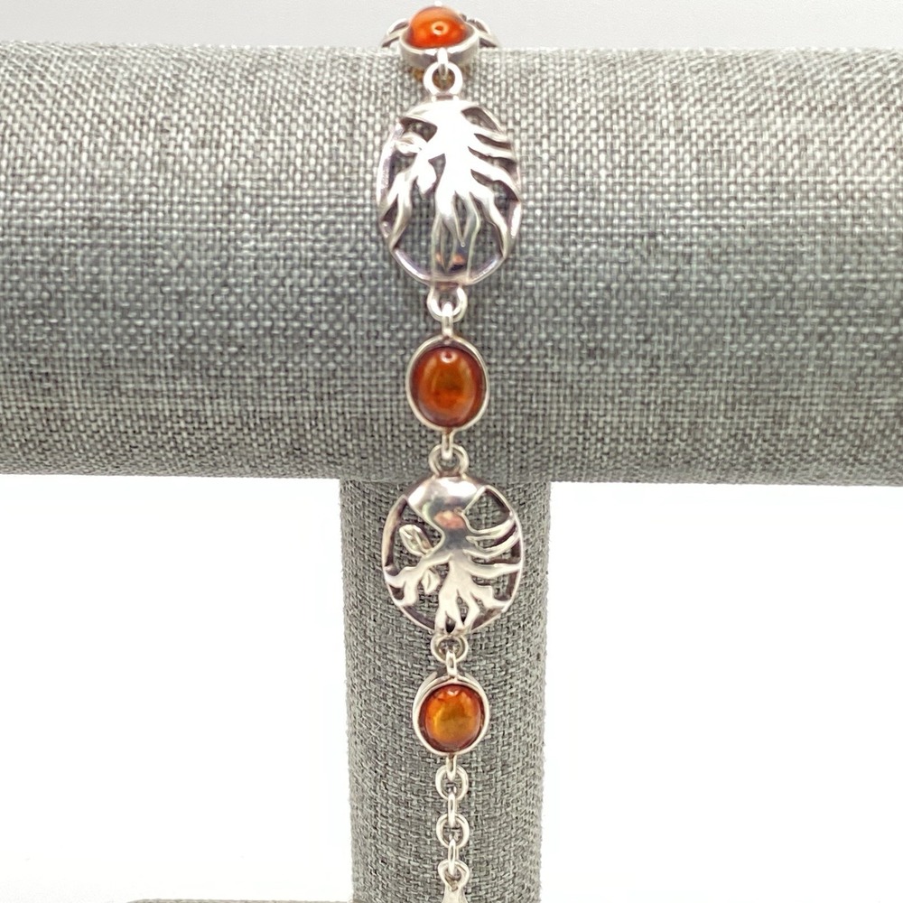 Unsigned 925 Sterling Silver Bracelet Vintage Amber Tree of Life 7"